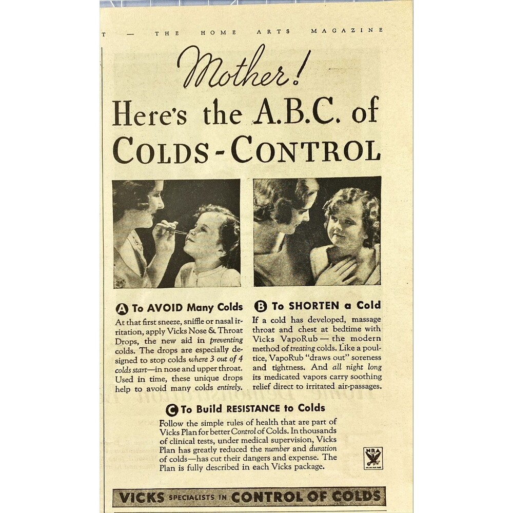 Vicks Nose & Throat Drops "Mother! Here's the A.B.C. of Colds-Control" Ad 1933